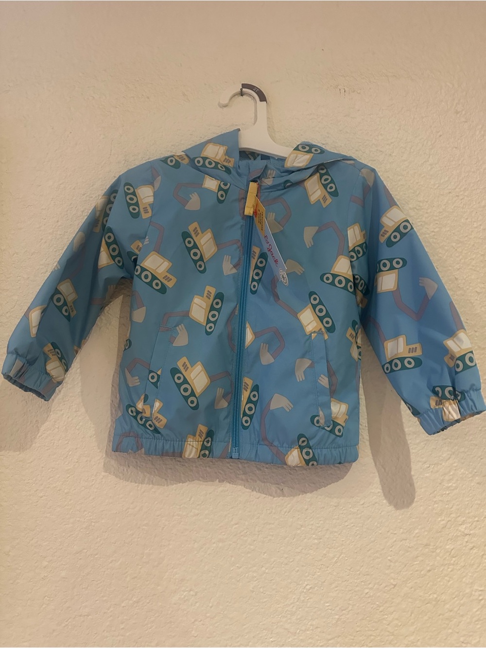 Cat & Jack Light Blue Kids Raincoat with Yellow and White Excavator Print